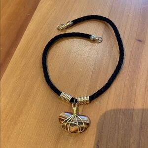 Black Braided Necklace with Gold Wire Tigers Eye Wrapped Heart Pendant